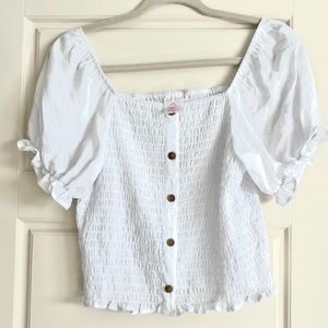 No Boundaries White Top with Puffy Sleeves, Buttons and Smocking